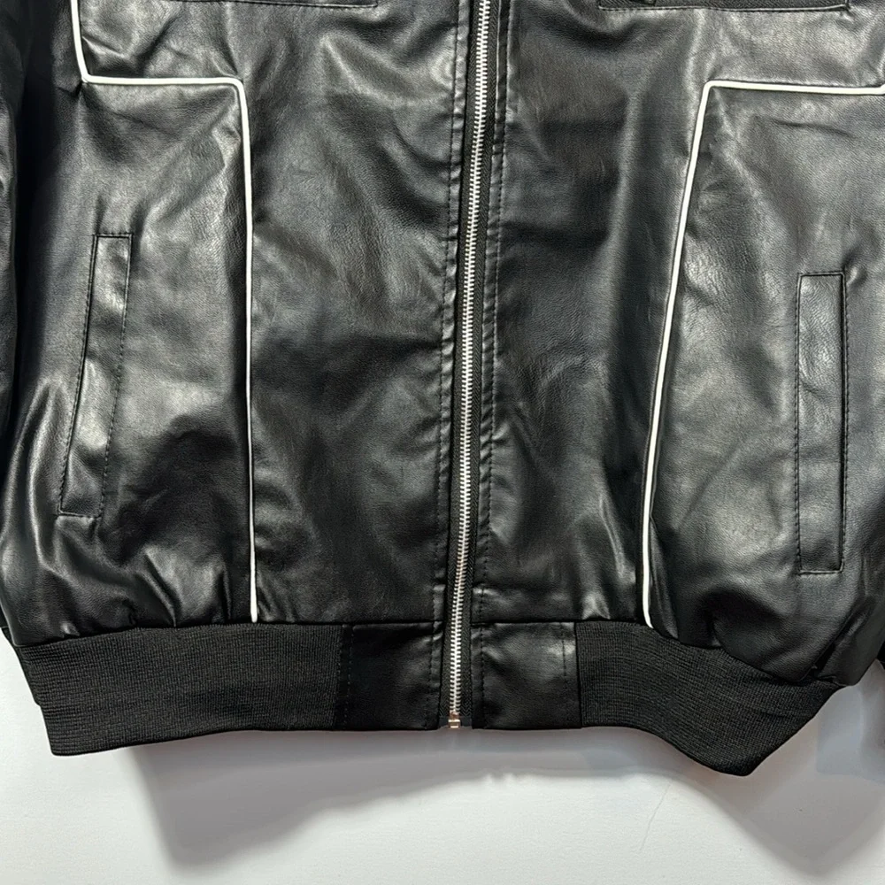 Jiechaofang Black with White Piping Faux Leather Jacket in Size‎ XL